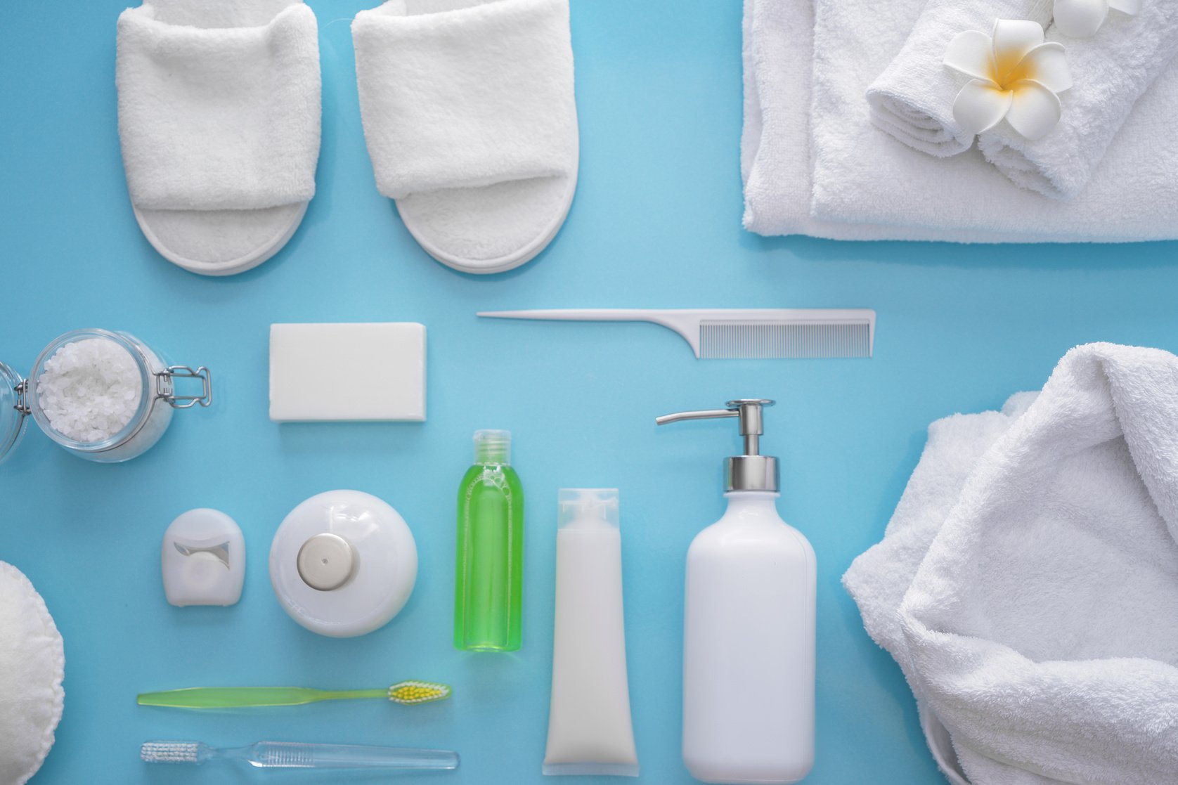 Composition with Bathroom Amenities on Color Background